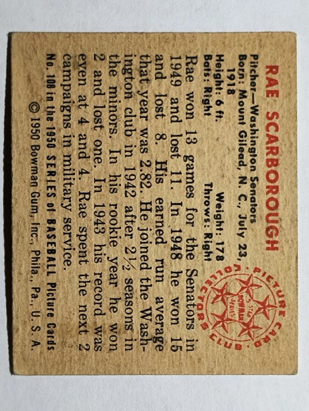 1950 Bowman #108 Ray Scarborough (VGEX)