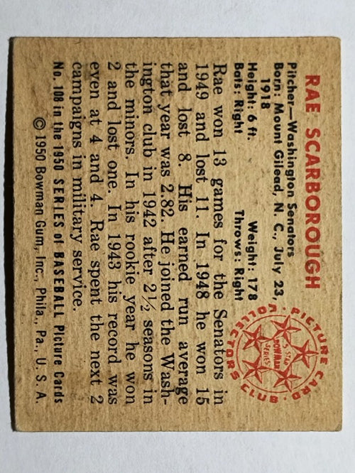 1950 Bowman #108 Ray Scarborough (VGEX)