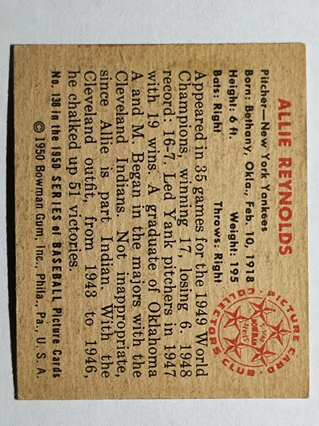 1950 Bowman #138 Allie Reynolds (EXMT)