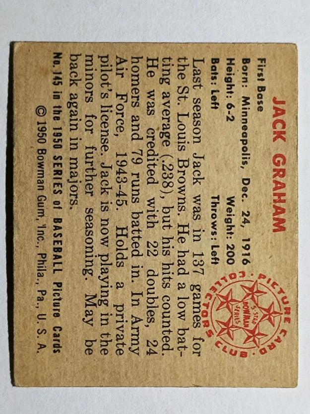 1950 Bowman #145 Jack Graham RC (VGEX)