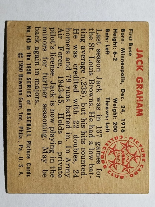 1950 Bowman #145 Jack Graham RC (VGEX)