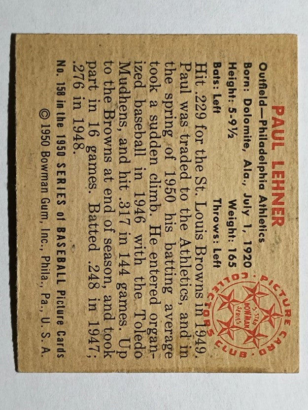 1950 Bowman #158 Paul Lehner (VGEX)