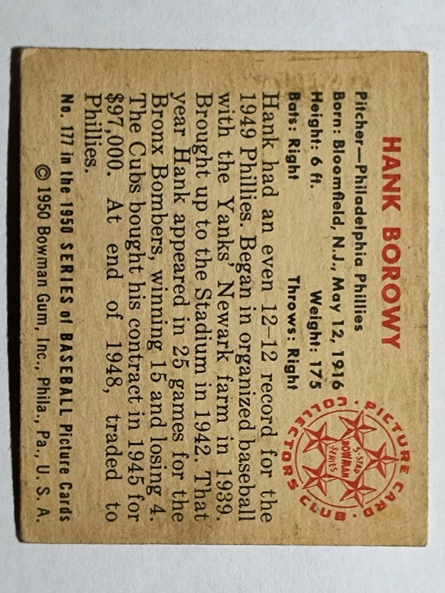 1950 Bowman #177 Hank Borowy (VGEX)