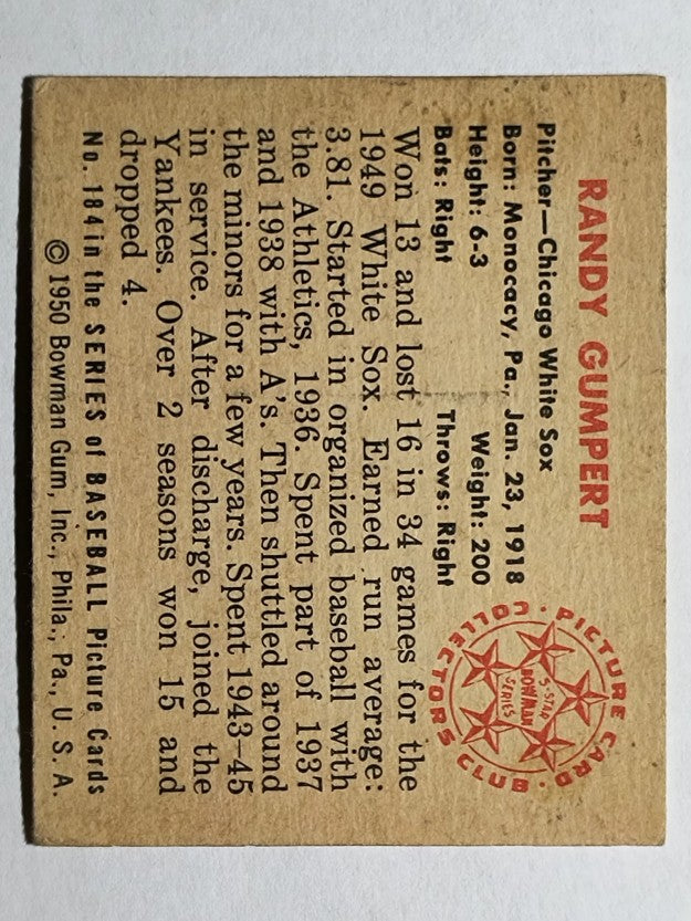 1950 Bowman #184 Randy Gumpert/w copyright (VGEX)