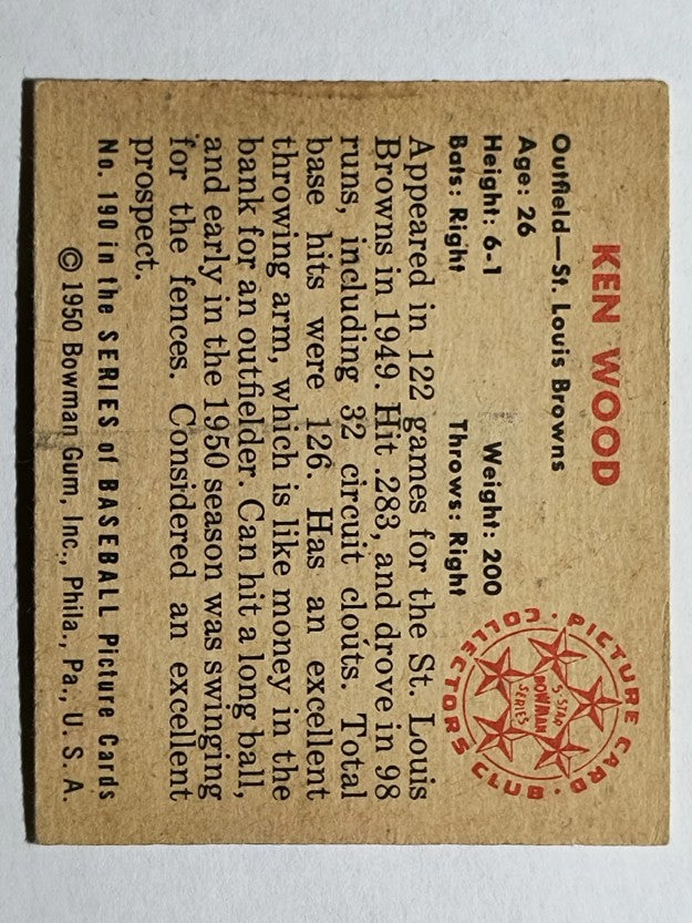 1950 Bowman #190 Ken Wood RC/w copyright (VGEX)