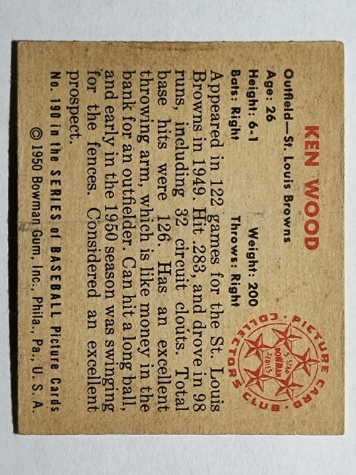 1950 Bowman #190 Ken Wood RC/w copyright (VGEX)