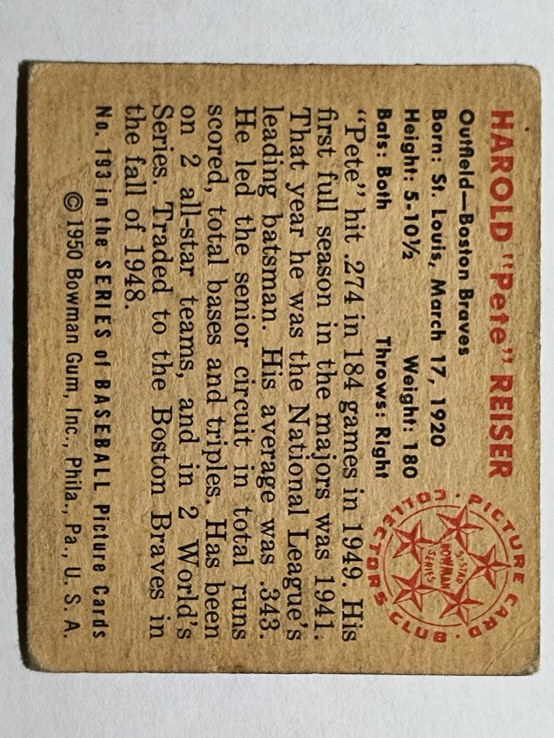 1950 Bowman #193 Pete Reiser/w copyright (VG)