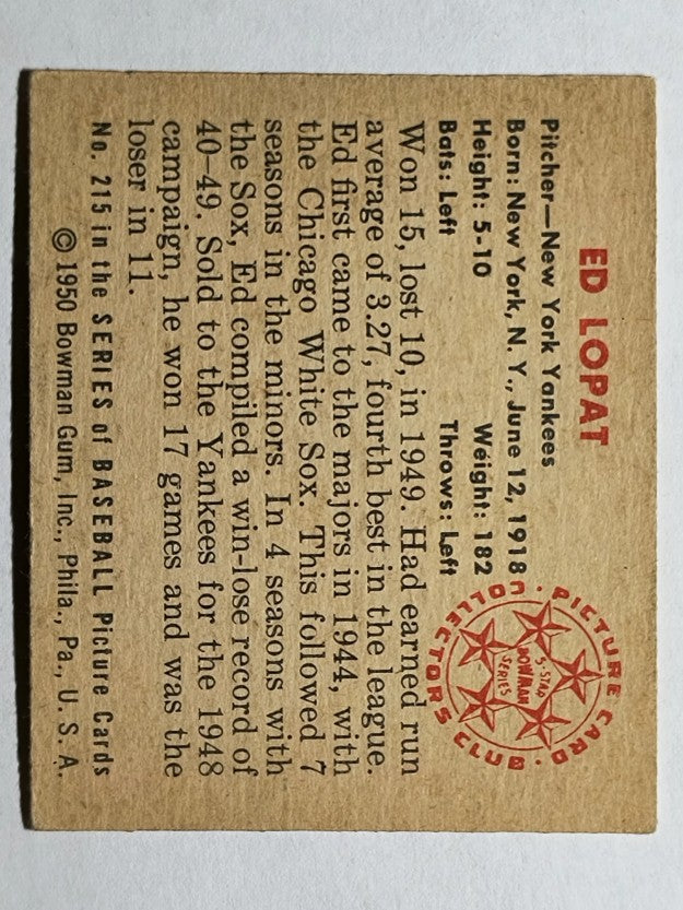 1950 Bowman #215 Ed Lopat/w copyright (EX)