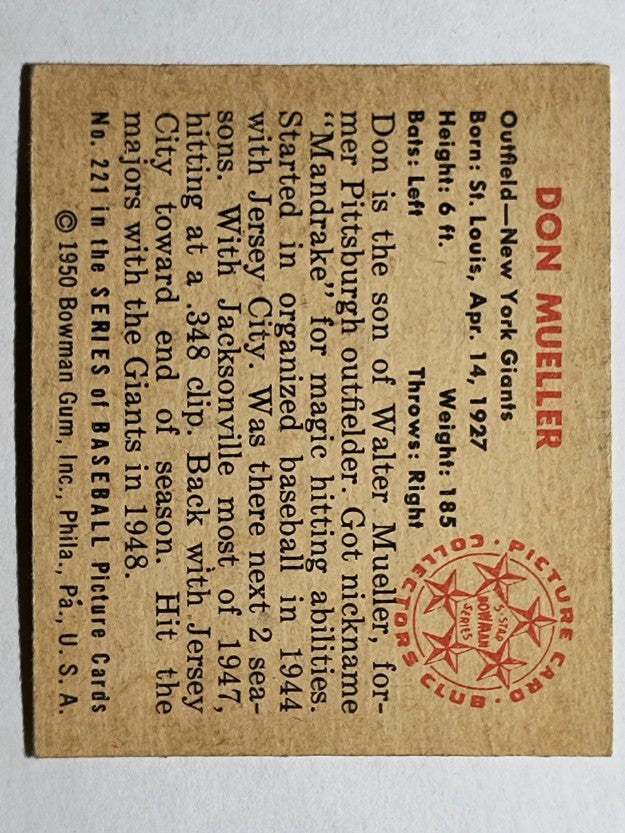 1950 Bowman #221 Don Mueller RC/w copyright (EX)