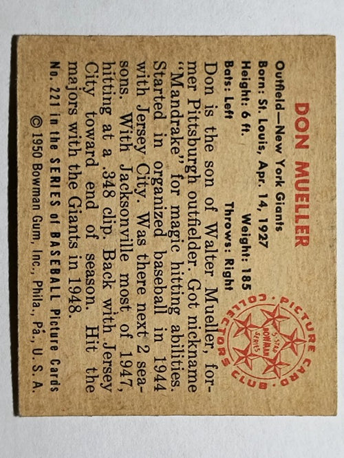1950 Bowman #221 Don Mueller RC/w copyright (EX)