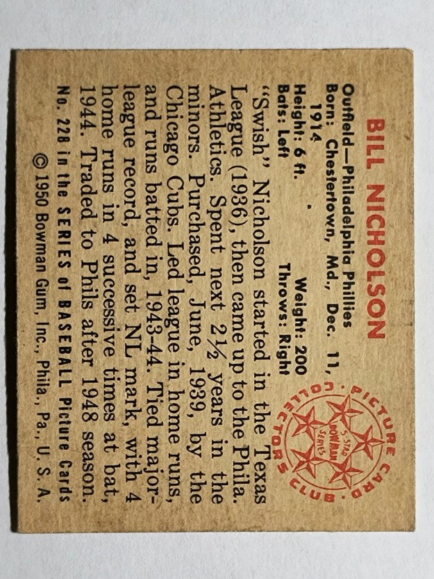 1950 Bowman #228 Bill Nicholson/w copyright (EX)