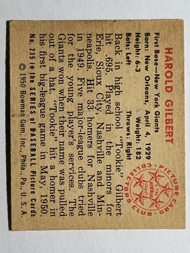 1950 Bowman #235 Harold Gilbert RC/w copyright (EX)