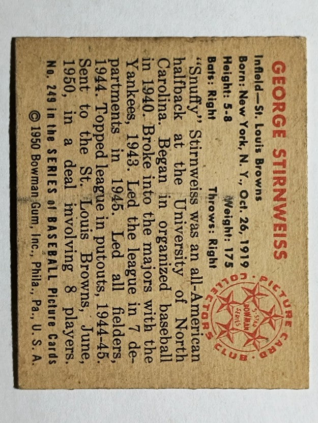 1950 Bowman #249 Snuffy Stirnweiss/w copyright (VGEX)