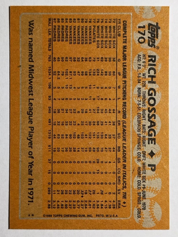 1988 Topps #170 Rich Gossage