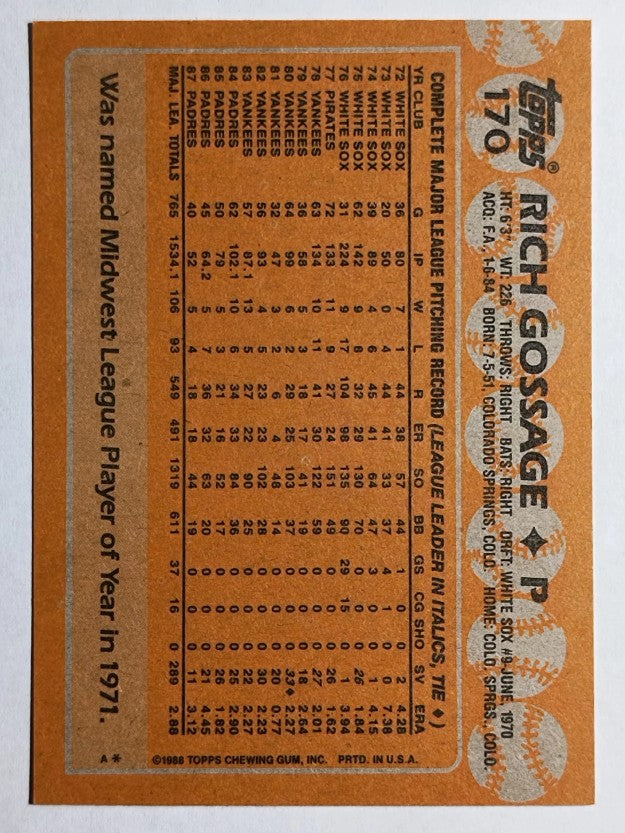 1988 Topps #170 Rich Gossage