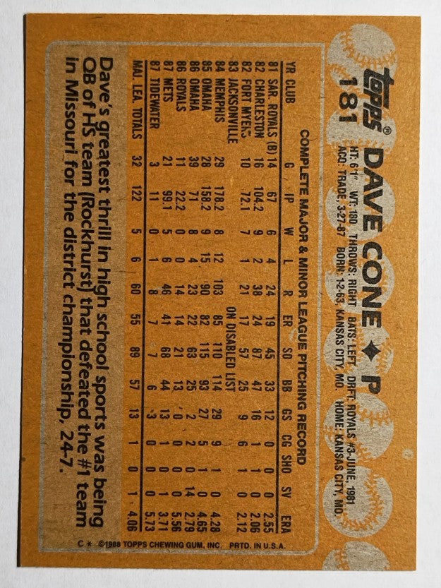 1988 Topps #181 David Cone