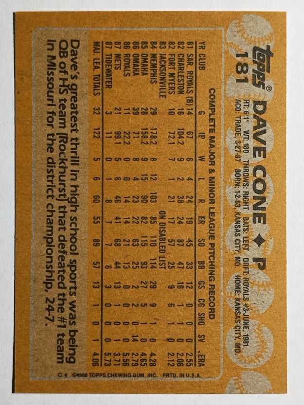 1988 Topps #181 David Cone