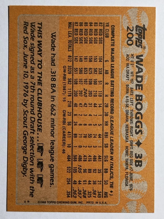 1988 Topps #200 Wade Boggs