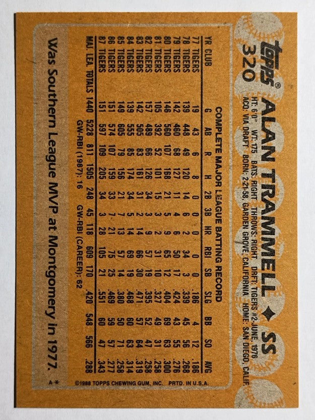 1988 Topps #320 Alan Trammell