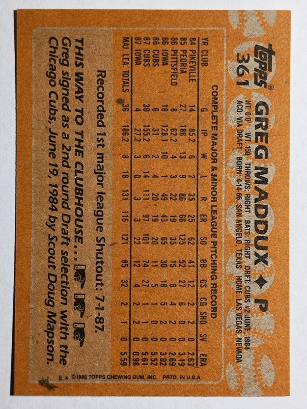 1988 Topps #361 Greg Maddux