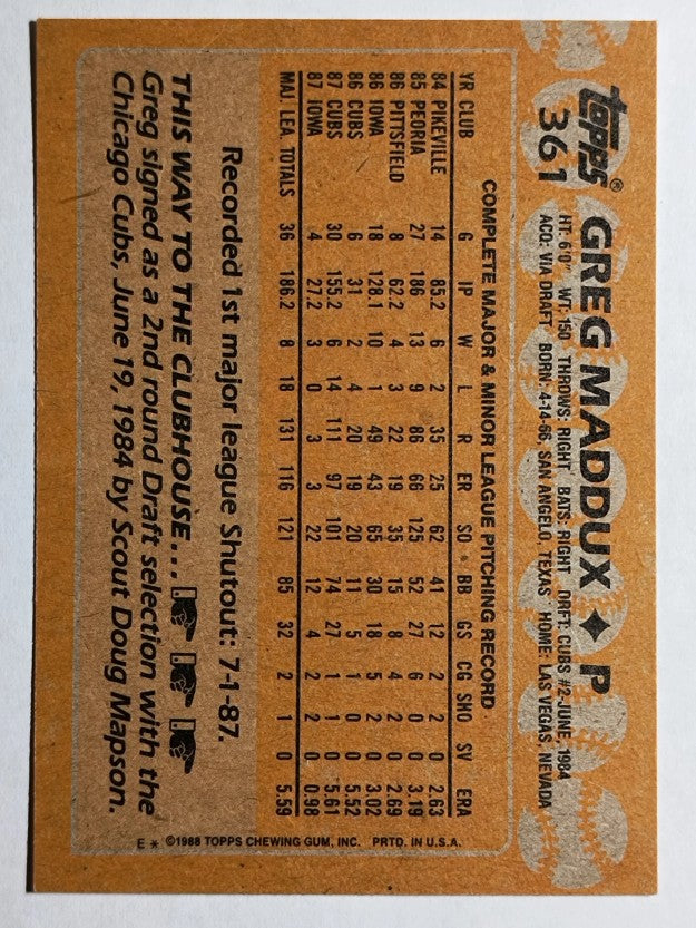 1988 Topps #361 Greg Maddux