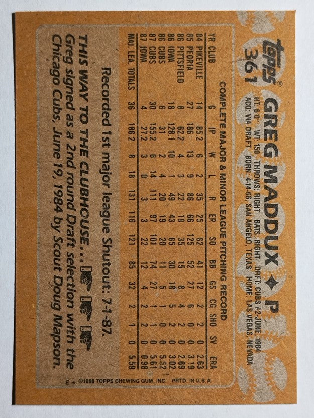 1988 Topps #361 Greg Maddux