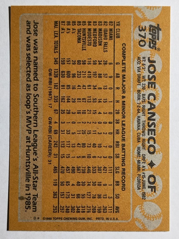 1988 Topps #370 Jose Canseco