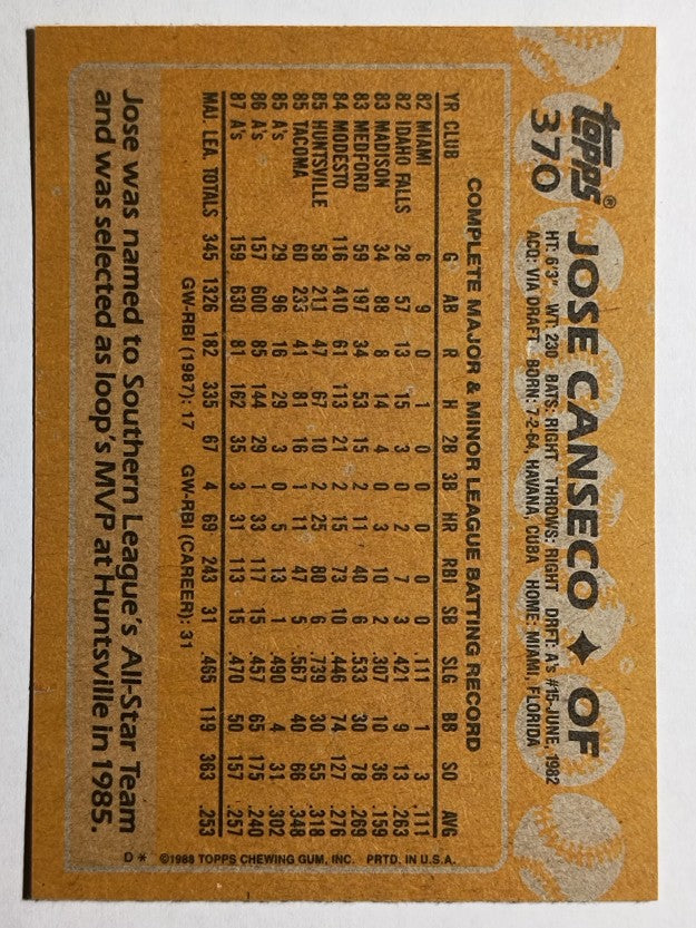 1988 Topps #370 Jose Canseco
