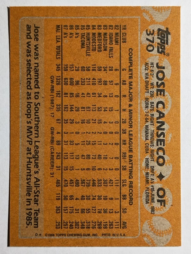 1988 Topps #370 Jose Canseco