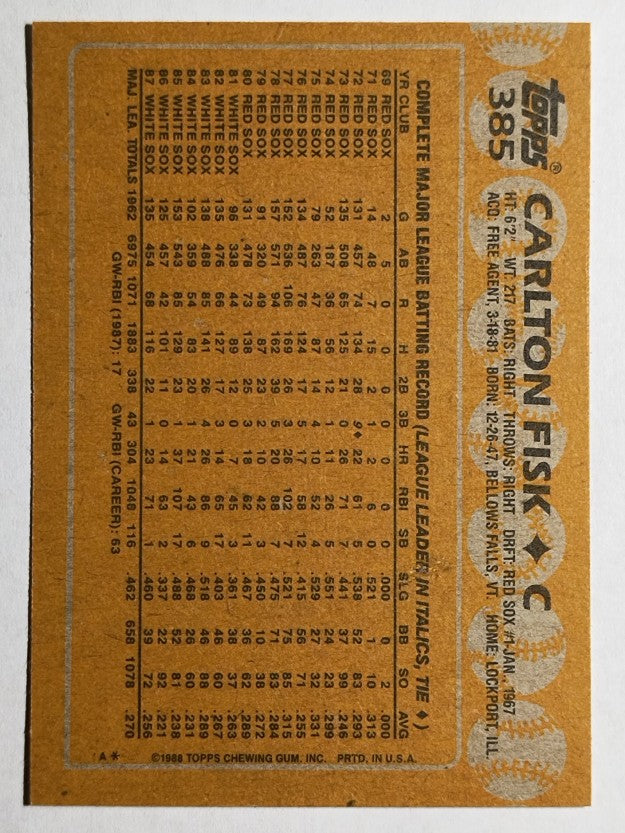 1988 Topps #385 Carlton Fisk