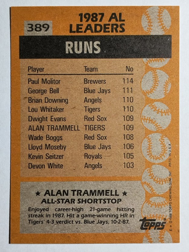 1988 Topps #389 Alan Trammell AS
