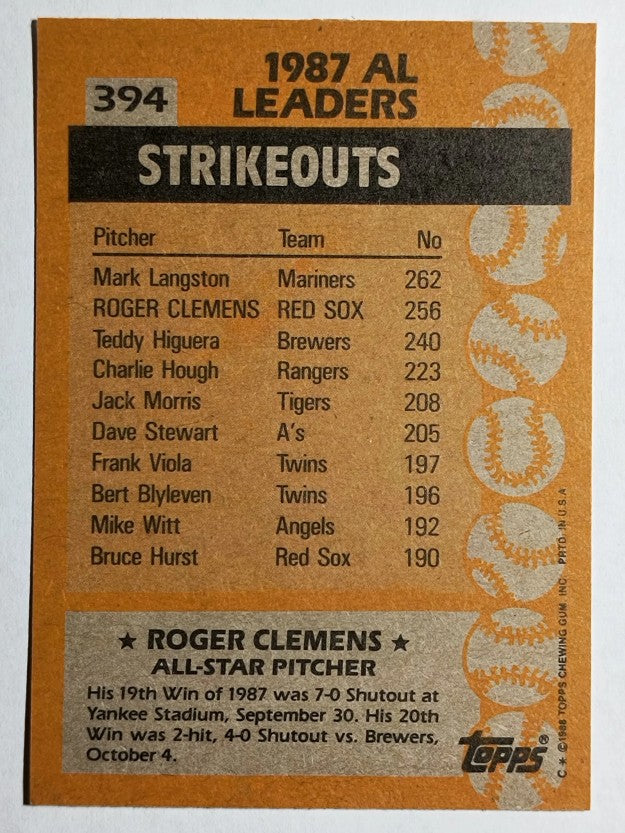1988 Topps #394 Roger Clemens AS