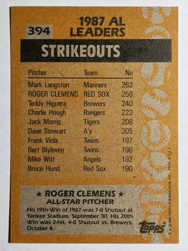 1988 Topps #394 Roger Clemens AS