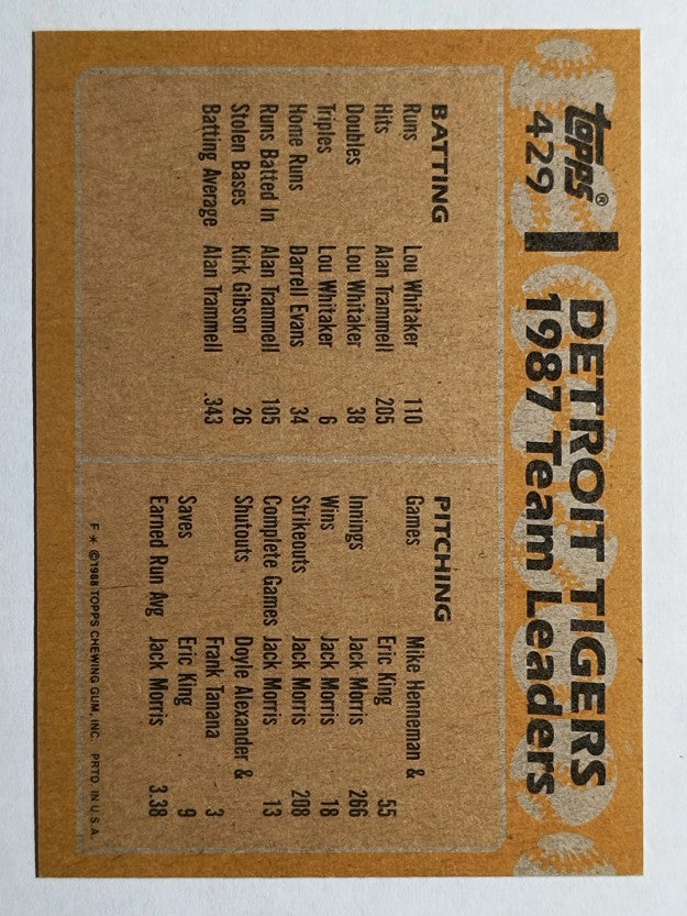 1988 Topps #429 Alan Trammell/Kirk Gibson TL