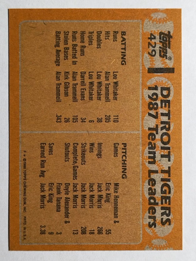 1988 Topps #429 Alan Trammell/Kirk Gibson TL