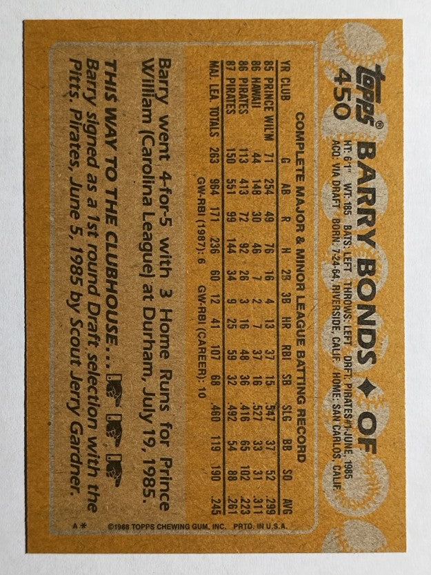 1988 Topps #450 Barry Bonds