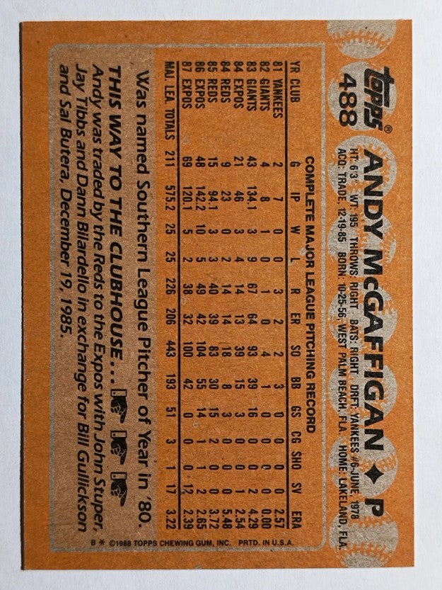 1988 Topps #488 Andy McGaffigan