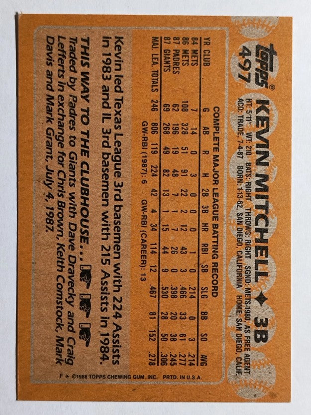 1988 Topps #497 Kevin Mitchell