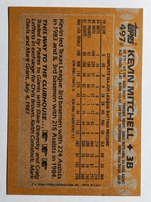 1988 Topps #497 Kevin Mitchell