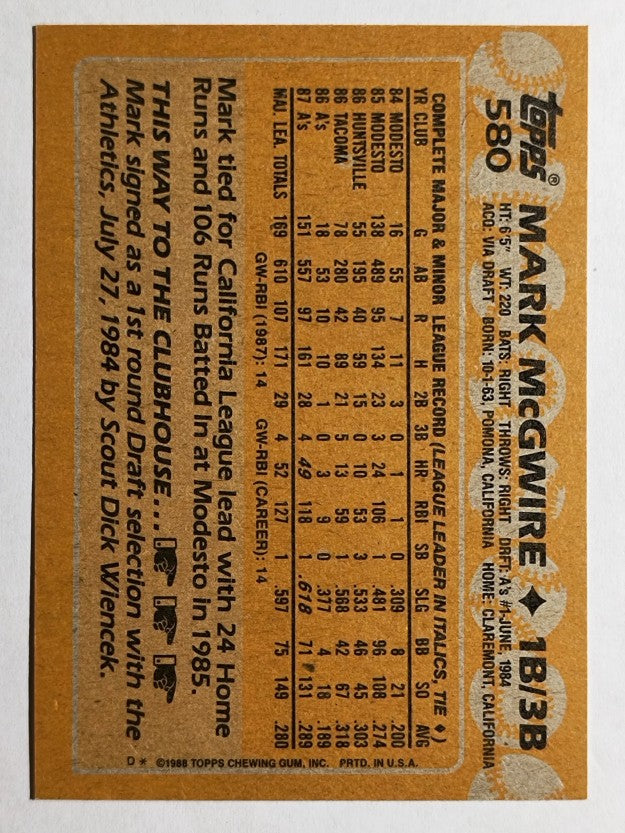 1988 Topps #580 Mark McGwire