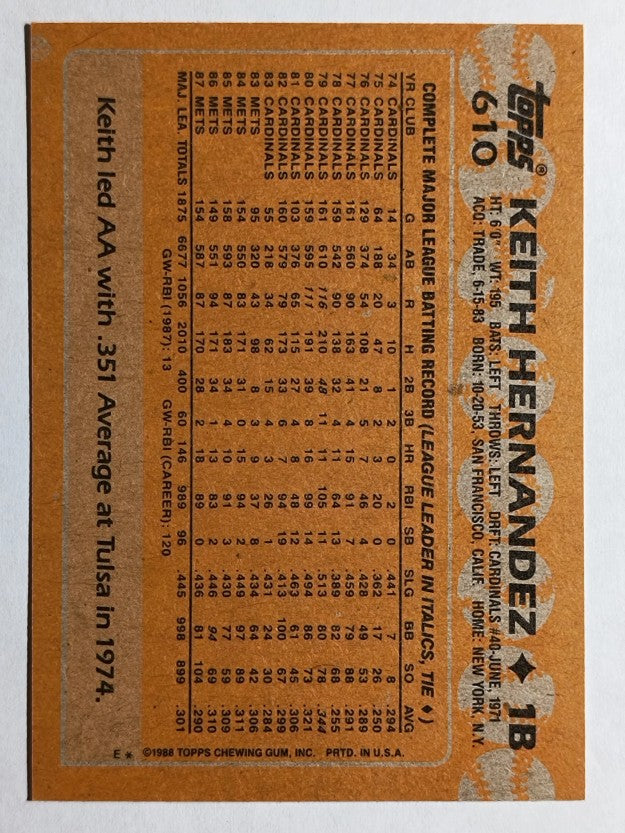 1988 Topps #610 Keith Hernandez