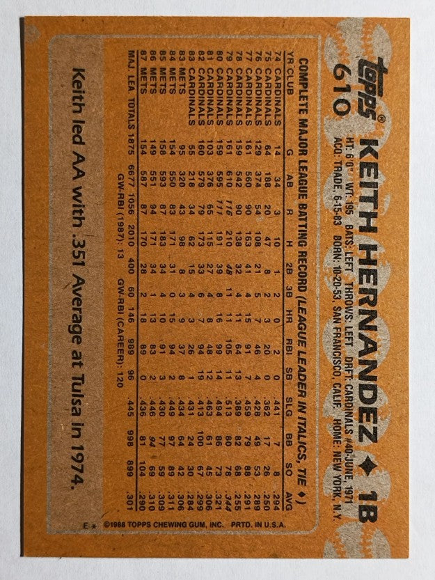 1988 Topps #610 Keith Hernandez