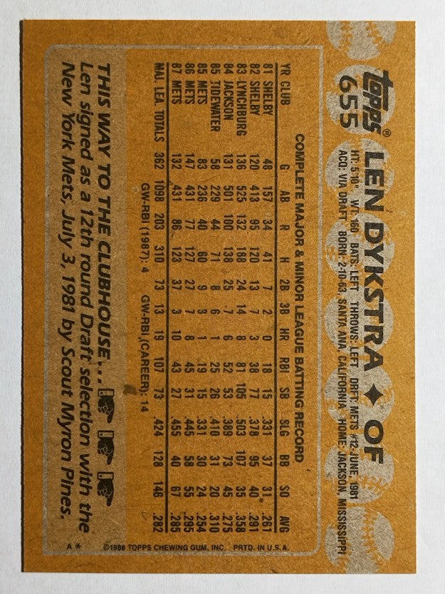 1988 Topps #655 Len Dykstra
