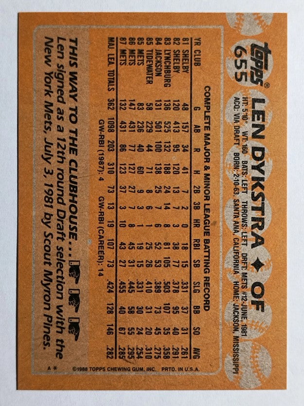 1988 Topps #655 Len Dykstra