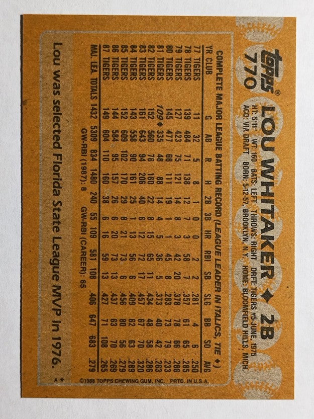 1988 Topps #770 Lou Whitaker