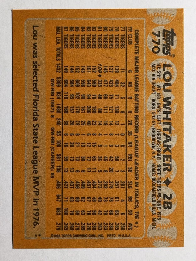 1988 Topps #770 Lou Whitaker