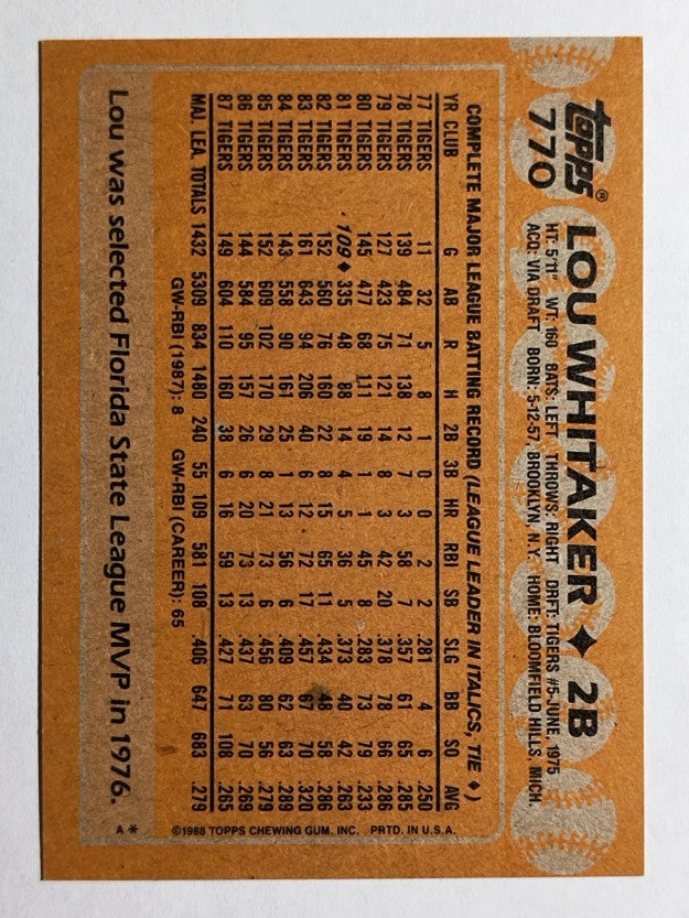 1988 Topps #770 Lou Whitaker