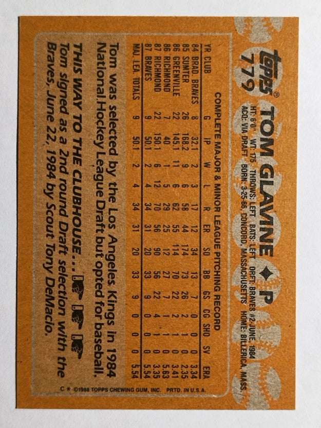 1988 Topps #779 Tom Glavine RC