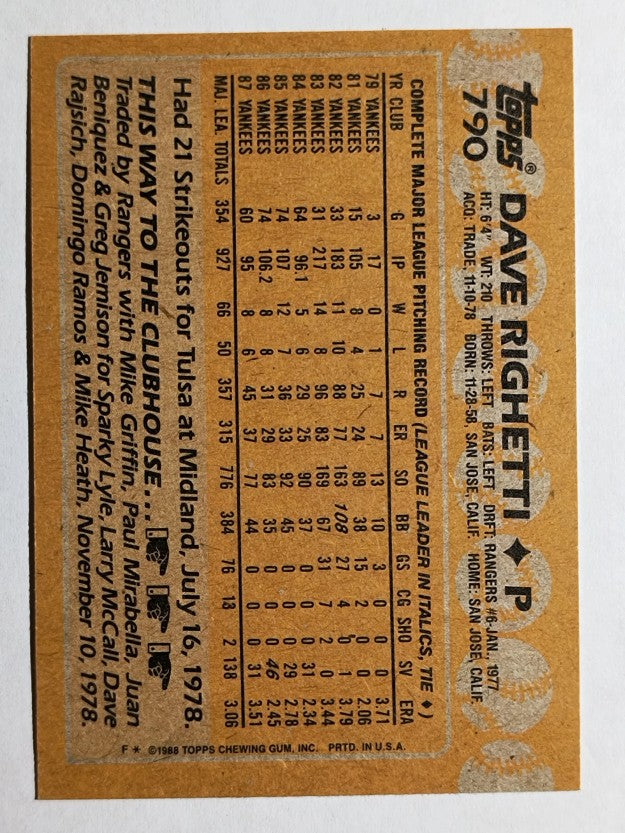 1988 Topps #790 Dave Righetti