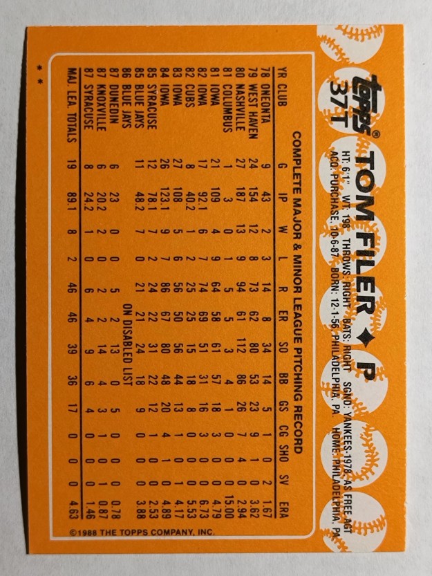1988 Topps Traded #37T Tom Filer